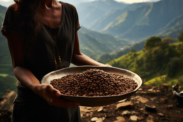 a woman holding a wood tray of coffee beans in front of nature background bokeh style background