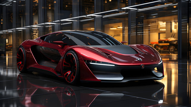 a concept futuristic red sports car in the street