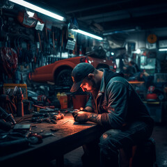 Obraz premium car mechanic's disassembles gloved hands working on repairing engine, elements of car against background of various details. Maintenance, oil change. Service station. Repair Tires,brake pads, battery