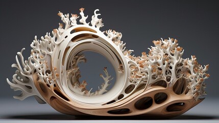 Sculpture featuring delicate, lace-like patterns in an abstract form. Artistic, modern, intricate design, ornamental, unique, detailed, contemporary, decorative, elegance. Generated by AI.