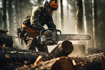 a man with chainsaw cutting wood in the wild bokeh style background - obrazy, fototapety, plakaty