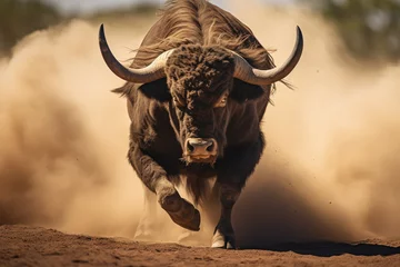 Gordijnen bighorn bull running through dust bokeh style background © toonsteb