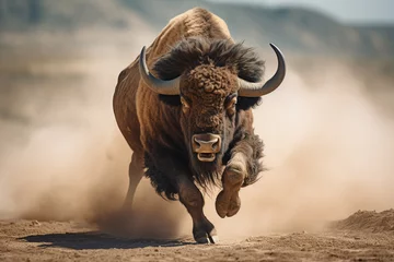 Foto op Plexiglas bighorn bull running through dust bokeh style background © toonsteb