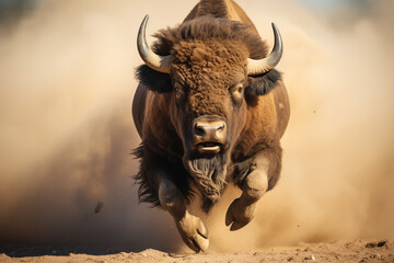 bighorn bull running through dust bokeh style background