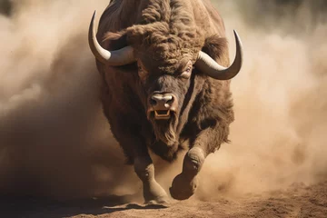 Zelfklevend Fotobehang bighorn bull running through dust bokeh style background © toonsteb