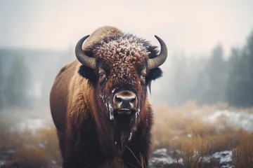 Fototapeten bull standing in the snow weather bokeh style background © toonsteb