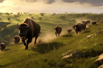 Fototapeten crowd bulls standing in the green valley bokeh style background © toonsteb