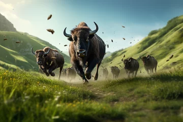 Rolgordijnen crowd bulls standing in the green valley bokeh style background © toonsteb