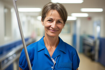 Fototapeta premium a portrait of housekeeper smiling in her workplace bokeh style background