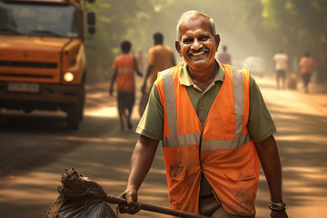 a male street sweeper worker smiling bokeh style background