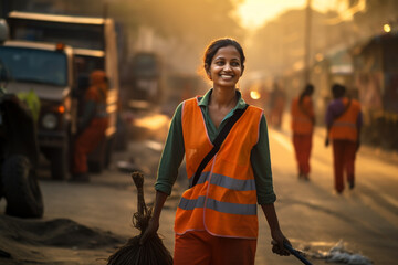 a female street sweeper worker smiling bokeh style background