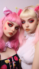 Two models with pink hair and Harajuku style, vibrant makeup against a pastel backdrop.