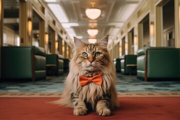 Persian cat wearing bowtie and sitting on red carpet in hotel room - obrazy, fototapety, plakaty
