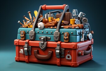 Fototapeta premium Empty Toolbox with Cartoon Tools, on an isolated Handyman Blue background, Generative AI