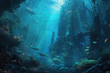 Naklejka na ściany i meble An ethereal underwater world filled with bioluminescent marine life