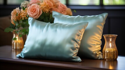 A solid - color navy silk pillowcases. 