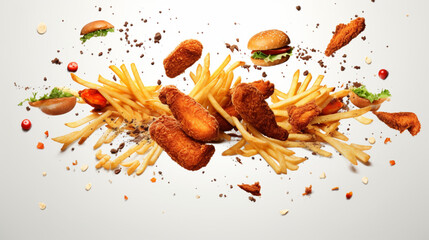 fast food food hamburger meatball chicken french fries in the air white background