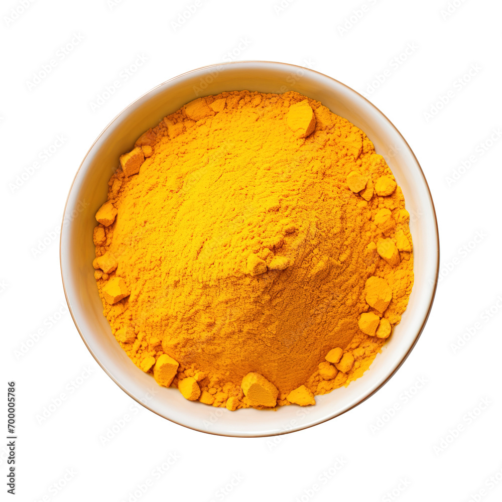 Wall mural tumeric powder in a bowl isolated on transparent background remove png, clipping path, pen tool