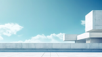 modern neo-brutalist architectural structure under a clear blue sky, offering plenty of copy space