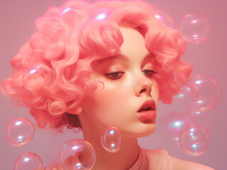 Obraz na płótnie Canvas Ethereal portrait of a person with curly pink hair and bubbles, soft pink tones.