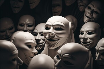 White mask smiling amidst black masks, displaying hypocrisy - 3D. Generative AI - obrazy, fototapety, plakaty