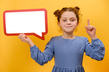 Portrait of happy funny cute preteen girl child holding red blank speech balloon near head, pointing finger up, posing isolated over plain yellow color background wall in studio with copy space