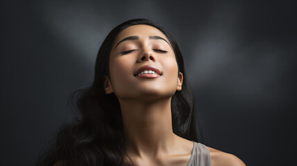 A Indian woman breathing calmly looking up isolated on black background
