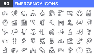 Emergency vector line icon set. Contains linear outline icons like Hospital, Medical, Ambulance, Extinguisher, Rescue, Evacuation, Insurance, Warning, Protection, Urgent. Editable use and stroke.