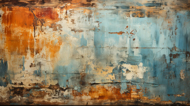Aged Weathered Wall Texture with Peeling Layers of Paint in Hues of Orange and Blue as a Rustic Background