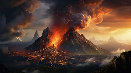 Obraz premium The volcano erupts. Molten lava eruption, billowing smoke, volcanic ash, volcanic fervor. Generated by AI.