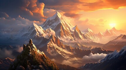 Towering snow-capped peaks of tall mountains illuminated by the morning sun. Majestic, snow-covered, breathtaking, serene, alpine, dawn, picturesque, scenic, towering, grandeur. Generated by AI. - obrazy, fototapety, plakaty