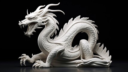 A dynamic representation of a stylized white dragon. Mythical creature, fantasy, power, majestic, legendary, magical. Generated by AI.