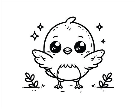 Cute Cartoon Character of bird for coloring book without color, outline line art.  Printable Design. isolated white background