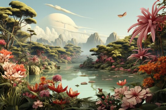 Panoramic Jungle with Exotic Plants and Waterfalls in Pastel Hues, isolated on Mint Green background, Generative AI.