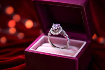 a diamond wedding ring in a red purple box bokeh style background