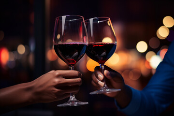 two people holding red wine glasses to celebrate together bokeh style background