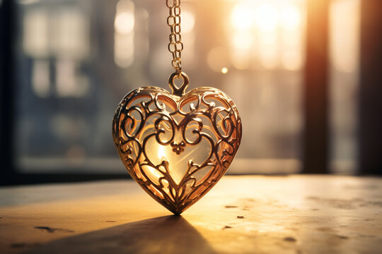a gold heart locket necklace bokeh style background