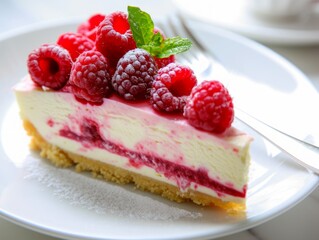 Raspberry cheesecake with fresh raspberries on a white plate Generative AI