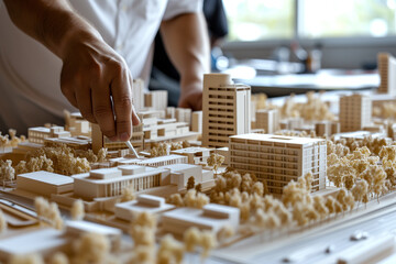 Architectural Ingenuity: Crafting a Vision for a Dynamic Business District – Meticulous Model Creation Unveils Urban Brilliance and Futuristic Design. - obrazy, fototapety, plakaty