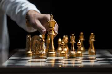 businessman hand moving golden chess piece bokeh style background