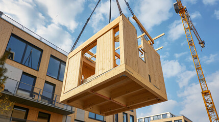 Fototapeta na wymiar A wooden building module is raised by a crane