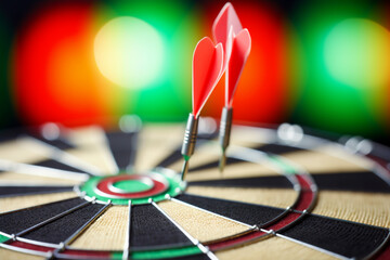Fototapeta premium a dart on the middle of the dart board bokeh style background