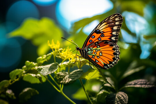 yellow butterfly sitting on green plant leaves bokeh style background