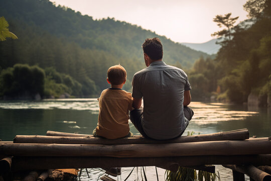 father and son sitting on wooden bench in front of the lake bokeh style background