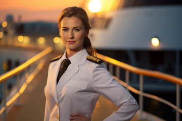 a female captain standing in front of the ship bokeh style background