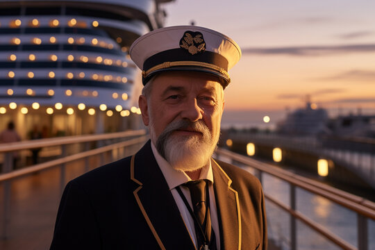 old male captain standing in front of the ship bokeh style background