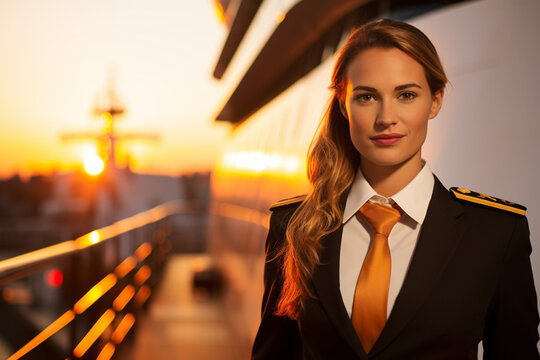a female captain standing in front of the ship bokeh style background