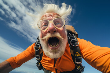 an old man taking a selfie while skydiving.
