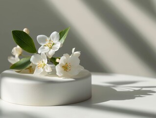 White podium with white jasmine flowers on a white background. 3d rendering Generative AI