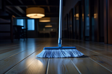 a mop putting on the wooden floor bokeh style background - obrazy, fototapety, plakaty